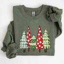 XL Military Green Retro Christmas Trees Winter Snow Santa Vintage Holiday Scenic Print Cozy Sweatshirt