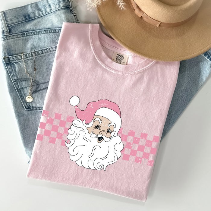 Retro Santa Checkered Christmas Winter Snow Xmas Vintage Holiday Scene Print Comfort Colors Tee