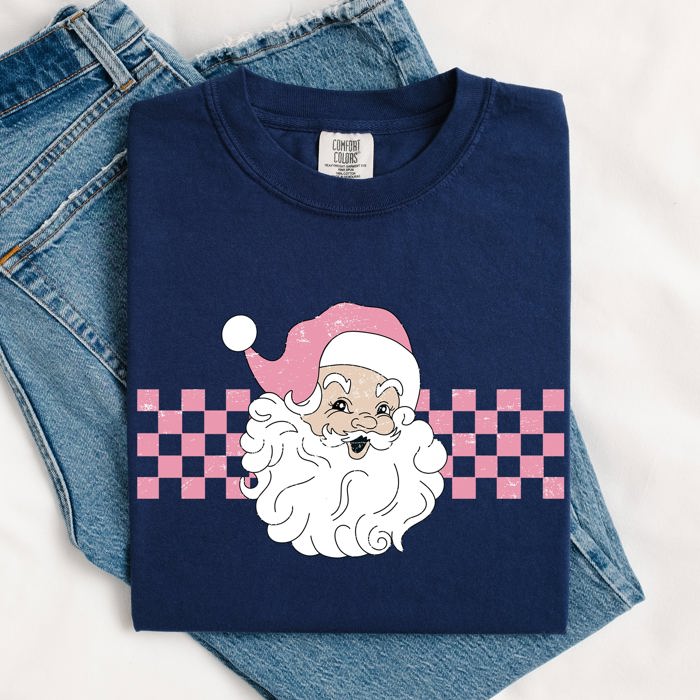 Retro Santa Checkered Christmas Winter Snow Xmas Vintage Holiday Scene Print Comfort Colors Tee