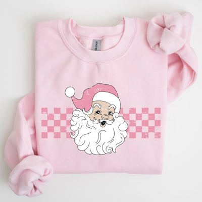Retro Santa Checkered Pink Christmas Winter Snow Xmas Vintage Holiday Joyful Sweatshirt