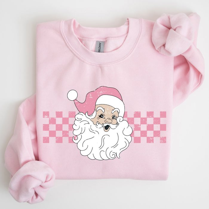 Retro Santa Checkered Pink Christmas Winter Snow Xmas Vintage Holiday Joyful Sweatshirt