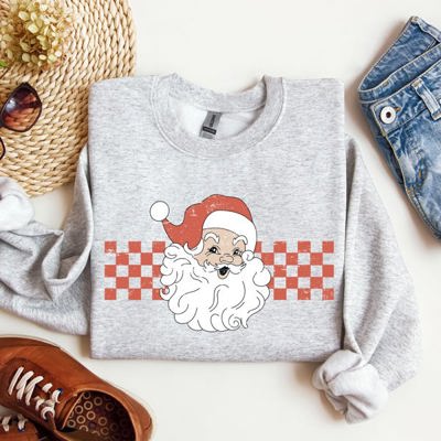 Retro Santa Checkered Christmas Pattern Vintage Santa Claus Artwork For Winter Cozy Sweatshirt