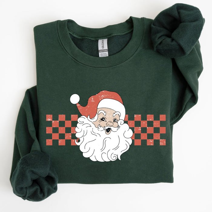 Retro Santa Checkered Christmas Pattern Vintage Santa Claus Artwork For Winter Cozy Sweatshirt