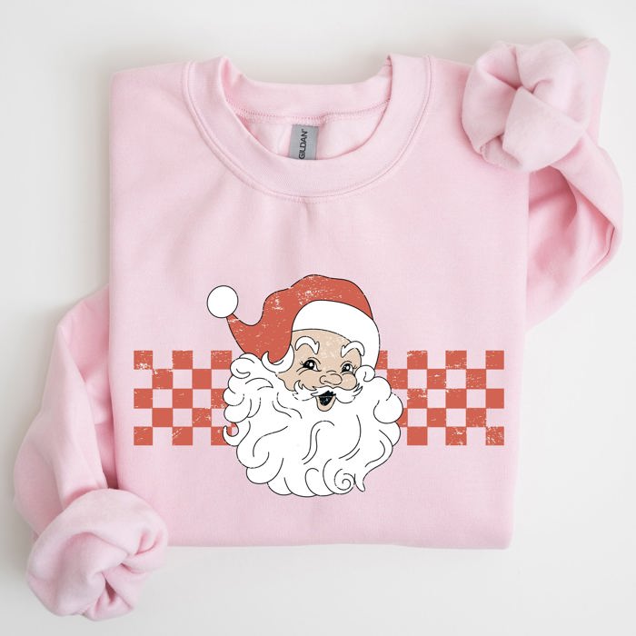 Retro Santa Checkered Christmas Pattern Vintage Santa Claus Artwork For Winter Cozy Sweatshirt