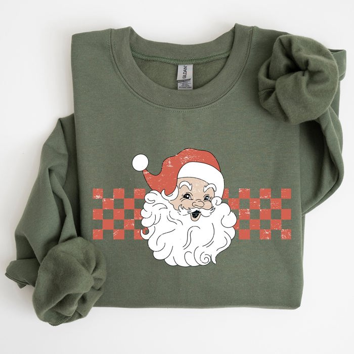Retro Santa Checkered Christmas Pattern Vintage Santa Claus Artwork For Winter Cozy Sweatshirt