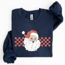 XL Navy Retro Santa Checkered Christmas Pattern Vintage Santa Claus Artwork For Winter Cozy Sweatshirt