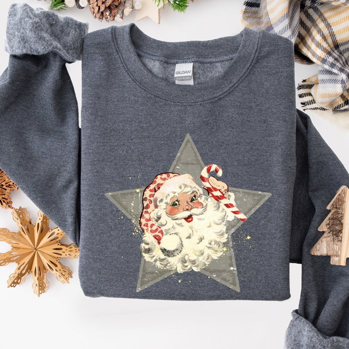 Retro Santa Green Star Christmas Winter Vintage Graphic Holiday Illustration Sweatshirt