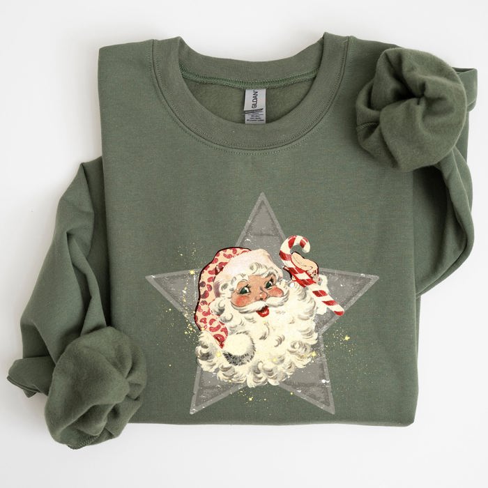 Retro Santa Green Star Christmas Winter Vintage Graphic Holiday Illustration Sweatshirt