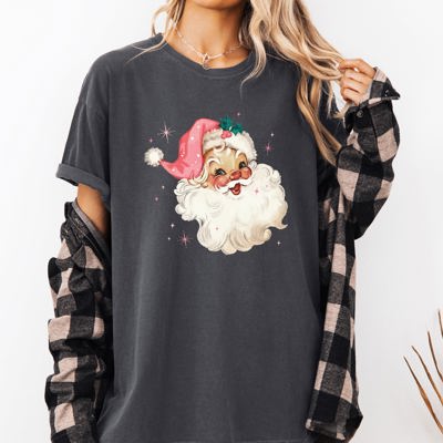 Retro Santa Pink Christmas Sparkles Vintage Winter Snow Xmas Festive Holiday Cheer Comfort Colors Tee