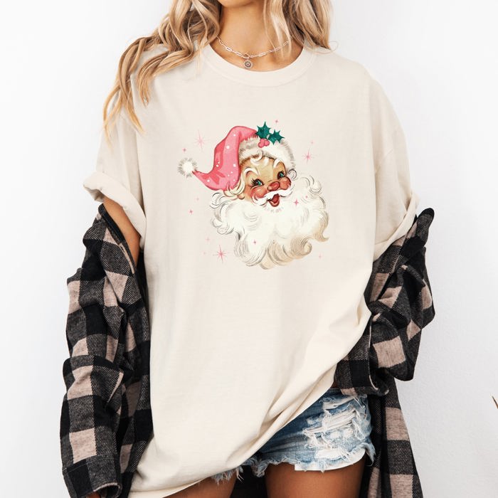 Retro Santa Pink Christmas Sparkles Vintage Winter Snow Xmas Festive Holiday Cheer Comfort Colors Tee