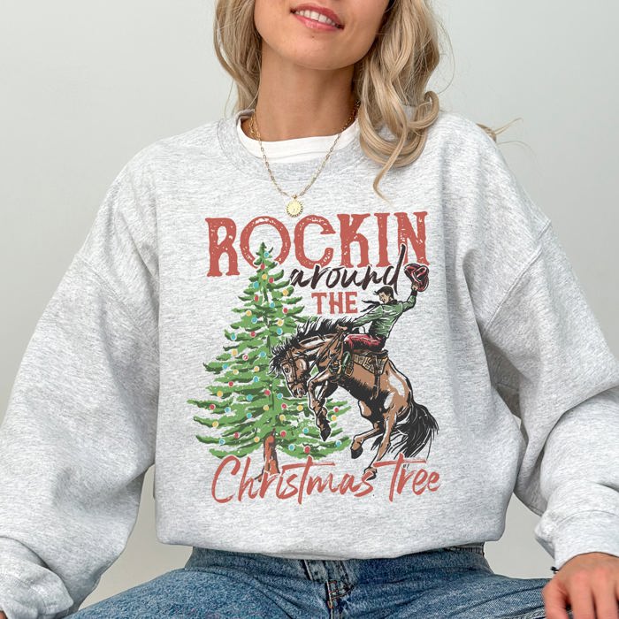 Rockin Around The Christmas Tree Cowboy Country Western Santa Xmas Holiday Celebration Sweatshirt