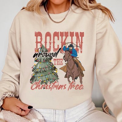 Rockin Around The Christmas Tree Cowboy Lasso Santa Western Xmas Graphic Sweatshirt