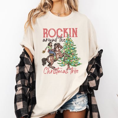 Rockin Around The Christmas Tree Cowgirl Country Western Santa Xmas Comfort Colors Tee
