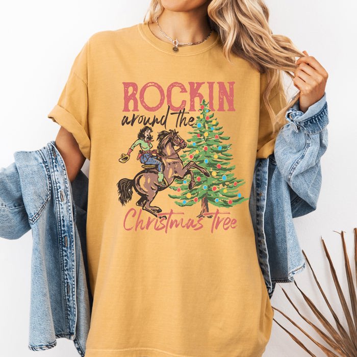 Rockin Around The Christmas Tree Cowgirl Country Western Santa Xmas Comfort Colors Tee