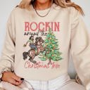 Large Sand Rockin' Around The Christmas Tree Cowgirl Country Western Santa Xmas Festive Sweatshirt