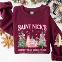 Medium Maroon Saint Nick's Christmas Tree Farm Retro Winter Santa Snow Xmas Seasonal Sweatshirt