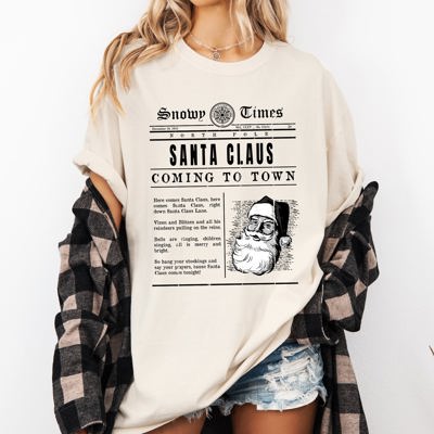 Santa Claus Is Coming To Town Newspaper Winter Snow Xmas Vintage Print Comfort Colors Tee