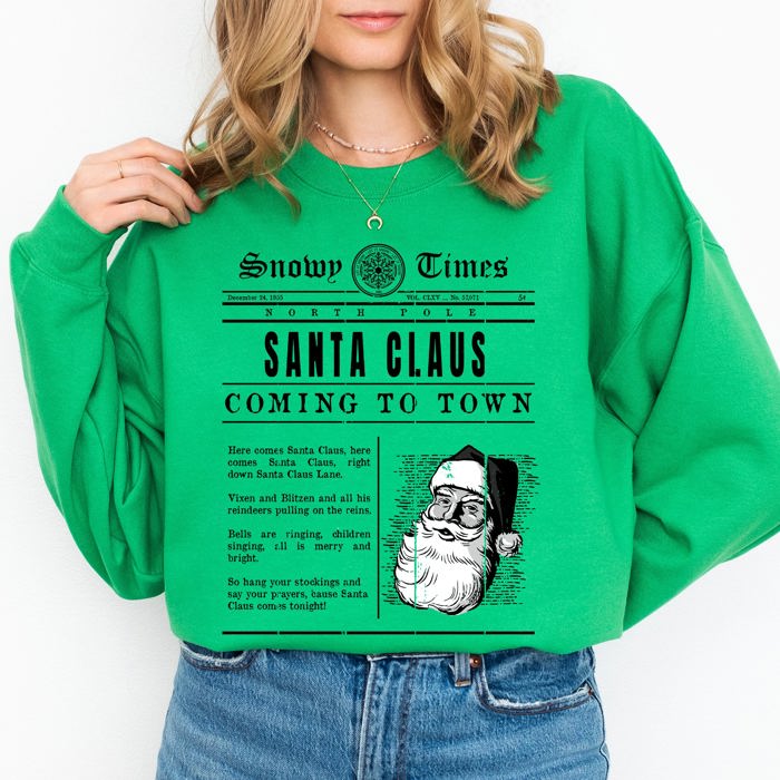 Santa Claus Is Coming To Town Newspaper Winter Snow Xmas Edition Vintage Graphic Sweatshirt