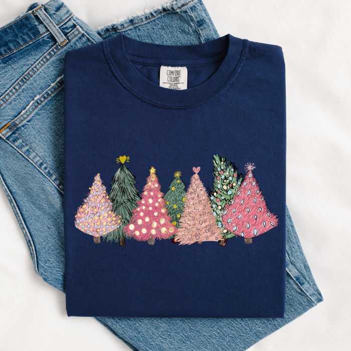 Sketched Christmas Trees Christmas Heart Vibrant Winter Snow Xmas Comfort Colors Tee