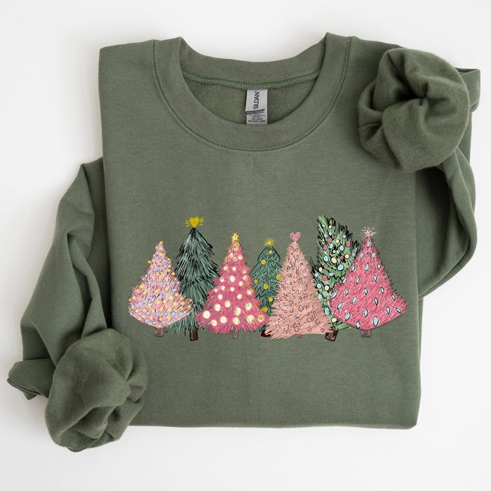 Sketched Christmas Trees And Christmas Heart Festive Winter Scene With Joyful Holiday Glow Sweatshirt