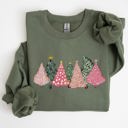XXL Military Green Sketched Christmas Trees And Christmas Heart Festive Winter Scene With Joyful Holiday Glow Sweatshirt