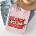 Large Blossom Light Pink Sleigh Girl Sleigh Christmas Holly Retro Santa Xmas Seasonal Graphic Ornament Comfort Colors Tee
