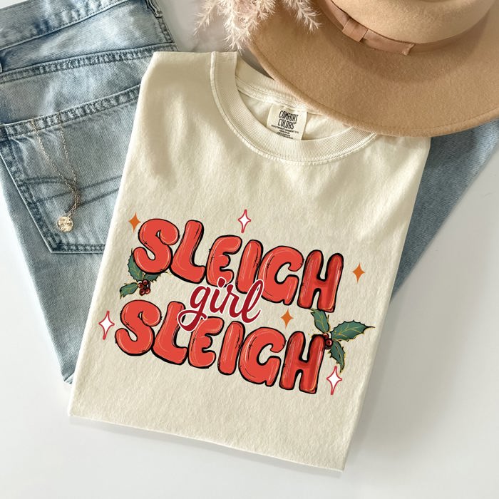 Sleigh Girl Sleigh Christmas Holly Retro Santa Xmas Seasonal Graphic Ornament Comfort Colors Tee