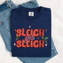 Small Navy Sleigh Girl Sleigh Christmas Holly Retro Santa Xmas Seasonal Graphic Ornament Comfort Colors Tee