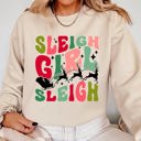 Medium Sand Sleigh Girl Sleigh Santa Christmas Reindeer Winter Xmas Cozy Fleece Holiday Print Sweatshirt
