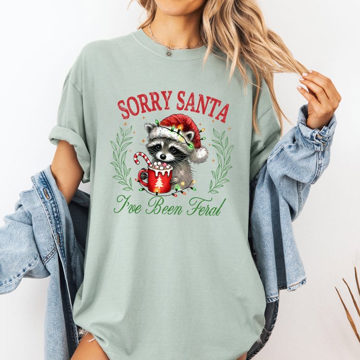 Sorry Santa, I've Been Feral Raccoon Hot Chocolate Christmas Design Comfort Colors Tee