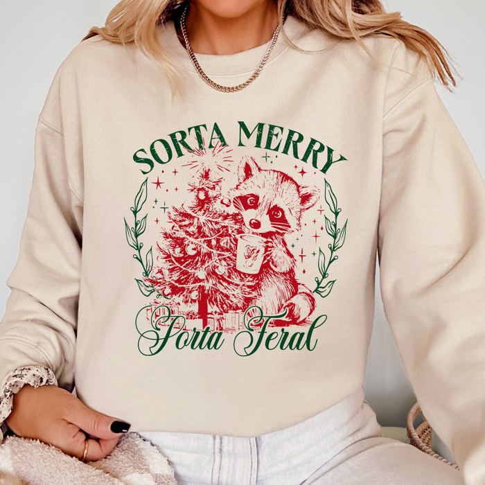 Sorta Merry, Sorta Feral Raccoon Christmas Whimsical Humor and Mischief Sweatshirt
