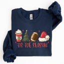 Medium Navy Tis The Season Christmas Football Santa Tree Coffee Winter Xmas Cozy Collection Sweatshirt