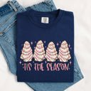 Medium Navy Tis The Season Pink Christmas Cakes Cute Treat Winter Santa Xmas Comfort Colors Tee