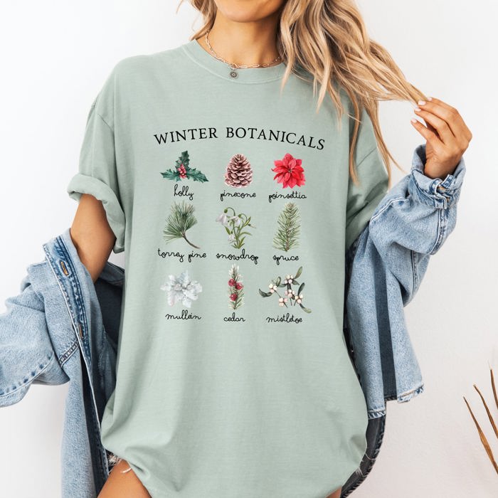 Winter Botanicals Holly Poinsettia Pine Tree Snow Xmas Holiday Floral Comfort Colors Tee