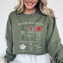 XL Military Green Winter Botanicals Holly Poinsettia Pine Tree Snow Xmas Seasonal Print Sweatshirt