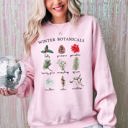 Small Light Pink Winter Botanicals Holly Poinsettia Pine Tree Snow Xmas Seasonal Print Sweatshirt