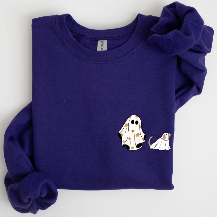 Ghost Walking Dog Pocket Print Halloween Animal Lover Cozy Warm Vintage Vibe Sweatshirt