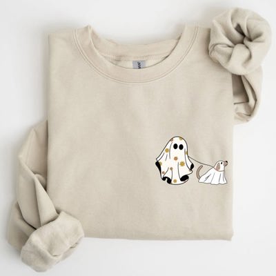 Ghost Walking Dog Pocket Print Halloween Animal Lover Cozy Warm Vintage Vibe Sweatshirt