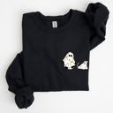 Large Black Ghost Walking Dog Pocket Print Halloween Animal Lover Cozy Warm Vintage Vibe Sweatshirt