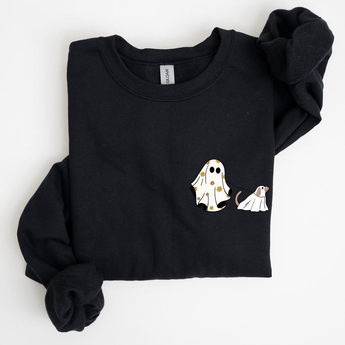 Ghost Walking Dog Pocket Print Halloween Animal Lover Cozy Warm Vintage Vibe Sweatshirt