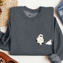 Medium Dark Gray Heather Ghost Walking Dog Pocket Print Halloween Animal Lover Cozy Warm Vintage Vibe Sweatshirt