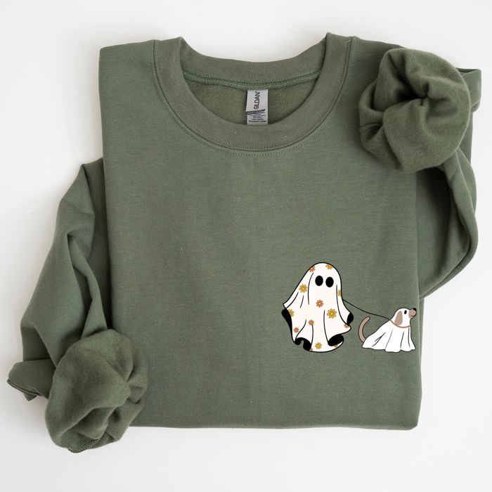 Ghost Walking Dog Pocket Print Halloween Animal Lover Cozy Warm Vintage Vibe Sweatshirt