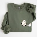 XL Military Green Ghost Walking Dog Pocket Print Halloween Animal Lover Cozy Warm Vintage Vibe Sweatshirt