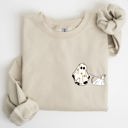 Large Sand Ghost Walking Dog Pocket Print Halloween Animal Lover Cozy Warm Vintage Vibe Sweatshirt