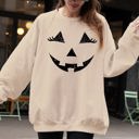Medium Sand Jack-O-Lantern Girl Pumpkin Halloween Spooky Cute Trick Or Treat Witch Sweatshirt