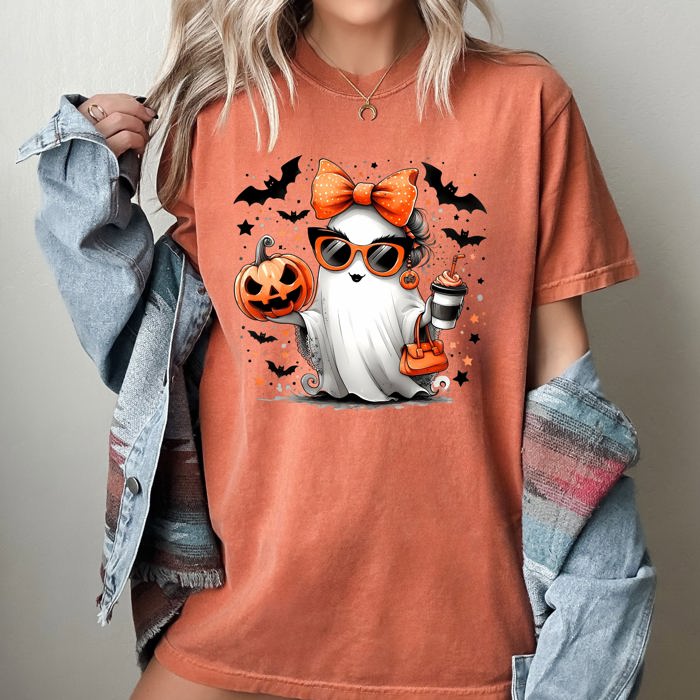 Fancy Coffee Lover Ghost Pumpkin Vintage Western Witch Aesthetic Meme Halloween Costume Comfort Colors Tee
