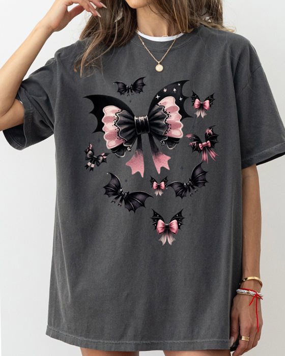 Flying Bats Bow Ribbon Ghost Vintage Western Witch Aesthetic Meme Halloween Costume Comfort Colors Tee