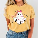 Small Mustard Bootiful Ghost Coquette Bow Vintage Western Witch Aesthetic Meme Halloween Costume Comfort Colors Tee