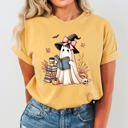 Medium Mustard Book Lover Ghost Skeleton Vintage Western Witch Aesthetic Meme Halloween Costume Comfort Colors Tee