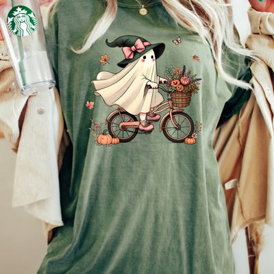 Ghost Bicycle Skeleton Western Witch Meme Halloween Vintage Gothic Comfort Colors Tee